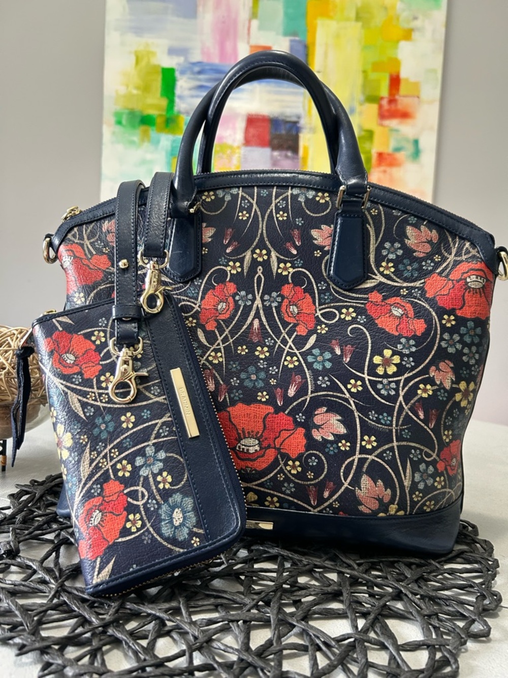 Brahmin Large Duxbury Navy Baronia Floral Satchel & Matching Suri Wallet